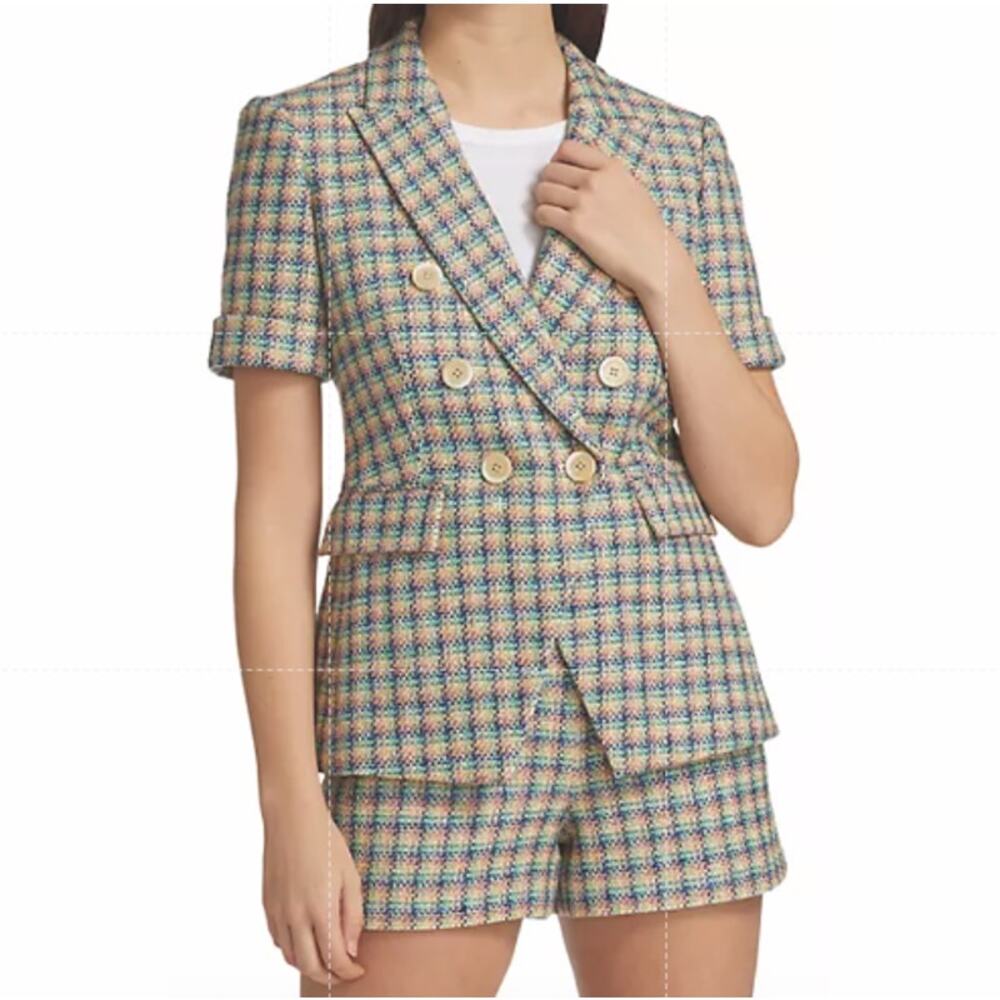 Veronica Beard Jenny Short-Sleeve Blazer Double-Breasted Tweed Jacket